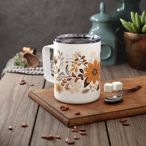 Floral Coffee Mug,Travel Coffee Mug, Earth Tones, Insulated Coffee Mug, 10oz