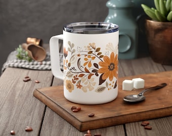 Floral Coffee Mug,Travel Coffee Mug, Earth Tones, Insulated Coffee Mug, 10oz