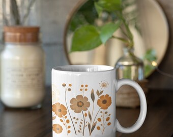 Floral Coffee Mug, Earthy Tones, Flowers, Gardeners Coffee Mug, Coffee Lovers, Ceramic Mug 11oz