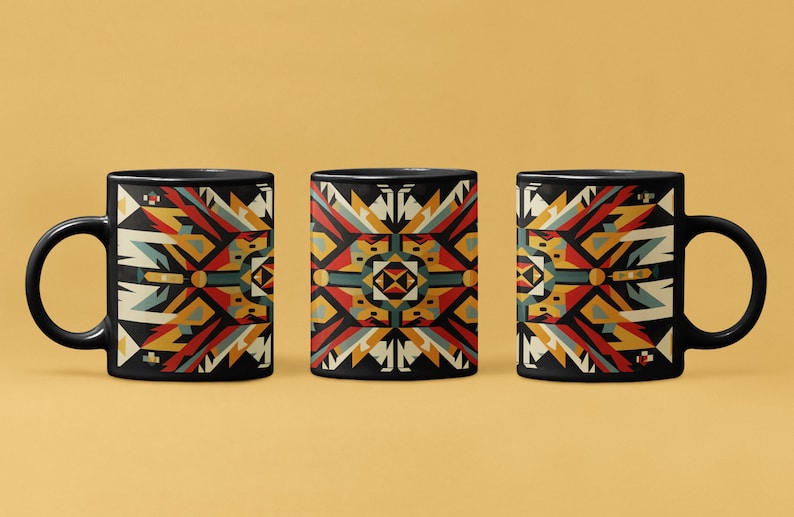 May include: Three black coffee mugs with a geometric pattern in shades of red, yellow, blue, and white. The pattern is inspired by Native American art.