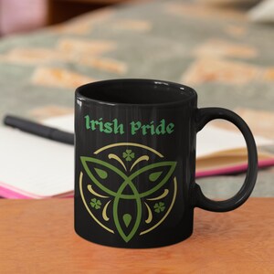 Irish Pride 11oz Black Mug Green and gold with four leaf clovers
