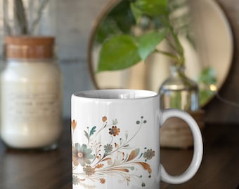 Floral Coffee Mug, Earthy Tones, Flowers, Gardeners Coffee Mug, Coffee Lovers, Ceramic Mug 11oz