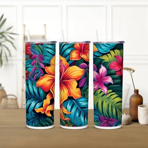 Hawaiian inspired tropical floral design, Skinny Steel Tumbler with Straw, 20oz