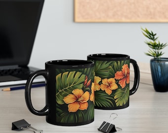 Hawaiian/Pacific Islander Polynesian, Samoan inspired 11oz Black Ceramic Coffee Mug