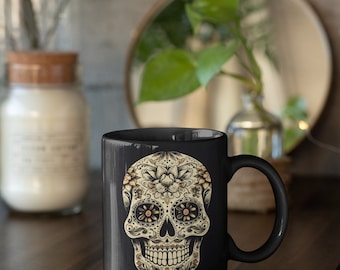 White Sugar Skull , Calavera, Day of the Dead, Cinco de Mayo, 11oz Black Ceramic Coffee Mug