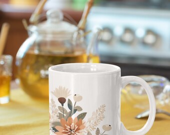 Floral Coffee Mug, Earthy Tones, Flowers, Gardeners Coffee Mug, Coffee Lovers, Ceramic Mug 11oz