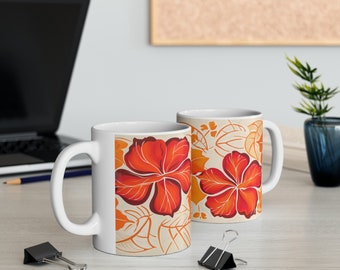 Hawaiian Floral Mug, Red, Yellow and Orange flowers, Polynesian/Pacific Islander inspired 11oz white ceramic coffee mug
