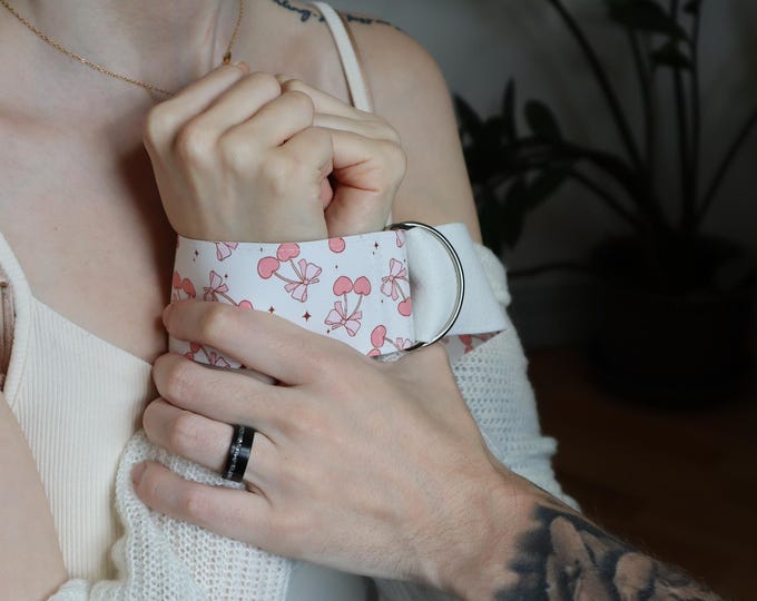 Featured listing image: Control Me Bookmark | Cherry Bows Faux Leather Hand Cuff Bookmark | Leather Bookmark |  Spicy Bookmark