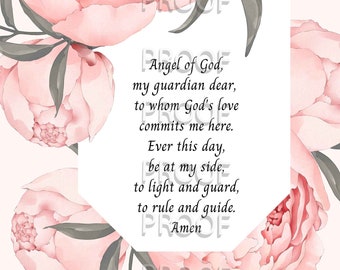 Digital Download Peony Guardian Angel Prayer for Nursery Kid Room Catholic Christian Floral Wall Art