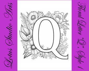 Floral Letter "Q" Coloring Page, Style 1 - Downloadable Printable Alphabet Coloring Page for Adults and Teens - Great for Craft Projects!