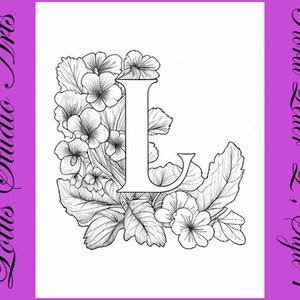 Página para colorear de la letra floral "L", estilo 1 - Página para colorear del alfabeto imprimible y descargable para adultos y adolescentes - ¡Excelente para proyectos de manualidades!