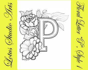 Floral Letter "P" Coloring Page, Style 1 - Downloadable Printable Alphabet Coloring Page for Adults and Teens - Great for Craft Projects!