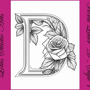 Página para colorear de la letra floral "D", estilo 1 - Página para colorear del alfabeto imprimible y descargable para adultos y adolescentes - ¡Excelente para proyectos de manualidades!