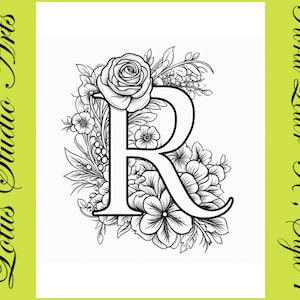 以下が含まれることがあります： 花に囲まれた「R」の文字の白黒の線画イラスト。花のデザインには、バラ、葉、その他の植物要素が含まれています。画像の右側に「Floral Letter "R" Style 1」というテキストが表示されています。