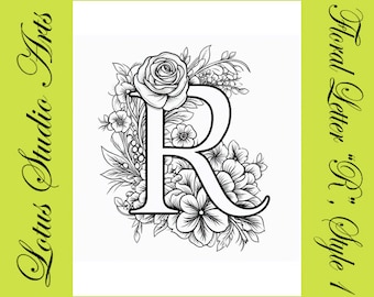Floral Letter "R" Coloring Page, Style 1 - Downloadable Printable Alphabet Coloring Page for Adults and Teens - Great for Craft Projects!