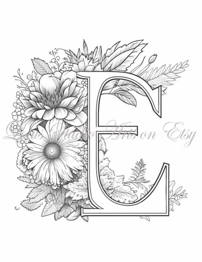 Floral Letter e Coloring Page, Style 1 Downloadable Printable Alphabet
