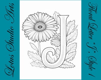 Floral Letter "J" Coloring Page, Style 1 - Downloadable Printable Alphabet Coloring Page for Adults and Teens - Great for Craft Projects!
