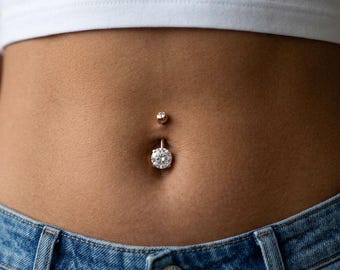 Navelring met gouden en zilveren kristallen | Chirurgische stalen navelpiercing | Lichaamssieraden met zirkonia | Minimalistische buikbeugel