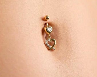 Dubbele hart navelring • Gouden of zilveren hart navelpiercing • Sprankelende kristallen navelpiercing • Schattige sierlijke lichaamssieraden • Cadeau voor haar