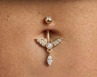 Navelring engelvleugel, navelpiercing van 316L chirurgisch staal, marquise kristal bungelende navelpiercing, gouden en zilveren sieraden VK