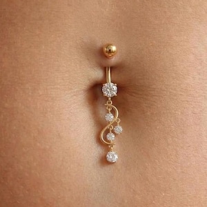 Dangling Belly Button Piercing, 14K Gold Silver Navel Ring, Curved Barbell Belly Ring, Clear Zirconia Drop Body Jewellery, Piercing UK
