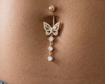Goud- en zilverkleurige vlindernavelring, hangende navelstang, navelpiercing van chirurgisch staal, glinsterende kristallen sieraden,