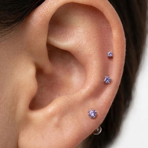 Clous d'oreilles labret et zircone violette en acier chirurgical 316L - 2 mm 3 mm 4 mm - Piercing tragus, hélice, cartilage, filetage interne