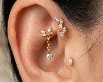 Marquise traguspiercing met zirkonia, set van 3, 14 kt gouden of zilveren labretstekers, bungelschroefoorbel, platte kraakbeenstekers