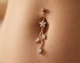Navelpiercing met bloemen, bladgoud navelstaaf, navelpiercing in sterlingzilverkleur bloem, cadeau voor haar VK