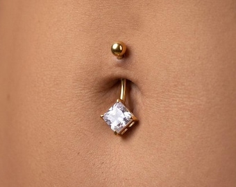 Piercing para ombligo con cristal talla princesa / Piercing de ombligo de acero quirúrgico 316L / Barra para ombligo de oro y plata de 14G / Longitudes de barra: 8 mm, 10 mm, 12 mm, 14 mm