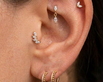 Conjunto de piercings de circonita talla marquesa • Pendientes de cartílago tipo labret y aros tipo huggie para el lóbulo • Conjunto de joyas para piercings de tragus, hélix y rook • Conjunto de pendientes seleccionado