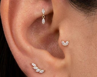 Labret-stekers met marquise geslepen zirkonia • Driedelige gouden traguspiercingset • 316L chirurgisch staal helix conch kraakbeenoorbellen • Cadeau voor haar