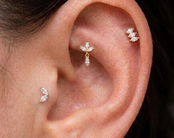 Piercingset met marquise geslepen zirkonia, labret van 16G 316L chirurgisch staal, platte achterkant, tragus-, helix- en kraakbeensieraden