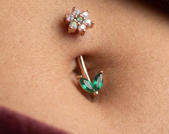 Flower Belly Button Ring, 316L Surgical Steel Navel Piercing, Sparkly Floral Curved Barbell