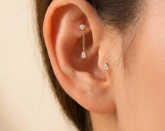 G23 titanium labret-stekkerpiercing, kraakbeenketting hanger, peer CZ tragus helix conch-stekker, goudzilver platte achterkant lichaamssieraden VK