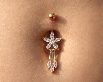 Navelpiercing met kristallen bloem marquise • Hangende navelpiercing lotusbloem • Gouden en zilveren marinering • Lichaamssieraden van chirurgisch staal VK