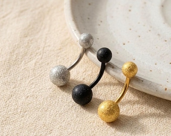 Frosted Glitter Ball Bauchnabelpiercing 14G 8 mm, Textured sandgestrahlt Bauchnabelpiercing, Silber & Schwarz Belly Bar Schmuck
