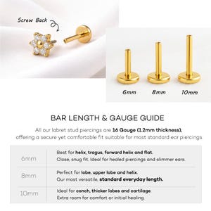 Puede incluir: Pendientes labret dorados con dise&ntilde;o de rosca. Un pendiente presenta un dise&ntilde;o floral con piedras preciosas transparentes. La imagen muestra tres pendientes con diferentes longitudes de barra: 6 mm, 8 mm y 10 mm.
