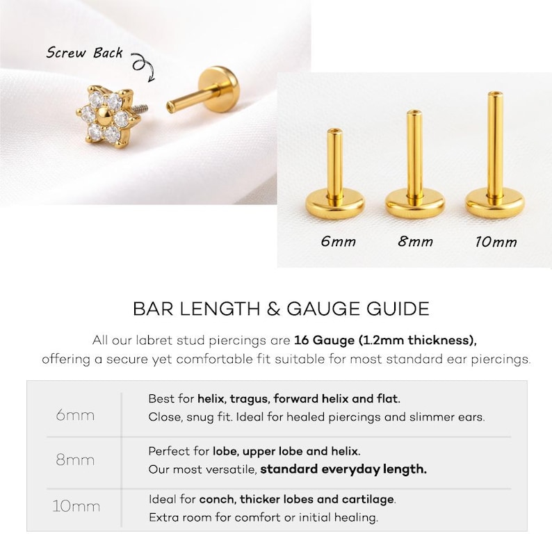 Puede incluir: Pendientes labret dorados con dise&ntilde;o de rosca. Un pendiente presenta un dise&ntilde;o floral con piedras preciosas transparentes. La imagen muestra tres pendientes con diferentes longitudes de barra: 6 mm, 8 mm y 10 mm.