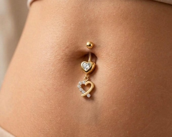 Navelring sierlijk hart, zilveren en gouden navelring, sprankelende kristallen navelpiercing, zwevende hangpiercing hart