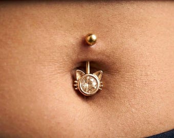 Piercing para ombligo con forma de gato, calibre 14G (8 mm), bonito piercing para el ombligo con forma de animal, barra para el ombligo con rosca interna en oro y plata, joyería para el ombligo con forma de gatito.