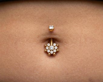 Navelring met kristallen bloem 316L chirurgisch staal, zilver- en goudkleurige navelpiercing, sprankelende mandala zonnebeugel