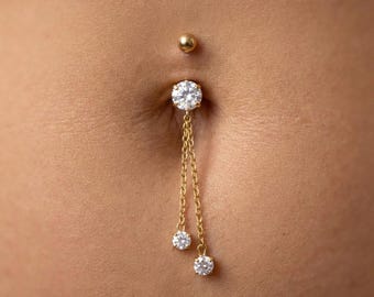 Navelpiercing met dubbele ketting • Gouden of zilveren navelpiercing • Lichaamssieraden van chirurgisch staal • Minimalistische sprankelende navelpiercing