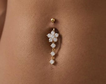 Piercing all'ombelico con pendente a forma di fiore dorato, piercing all'ombelico in acciaio chirurgico, anello per ombelico con fiore di cristallo, anello per ombelico con pendente a forma di fiore in argento, regalo per lei