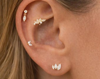 Marquise Cut Zirconia Labret Stud, 316L Surgical Steel Cartilage Earring, Tragus, Helix, Conch, Flat Back Flower Stud