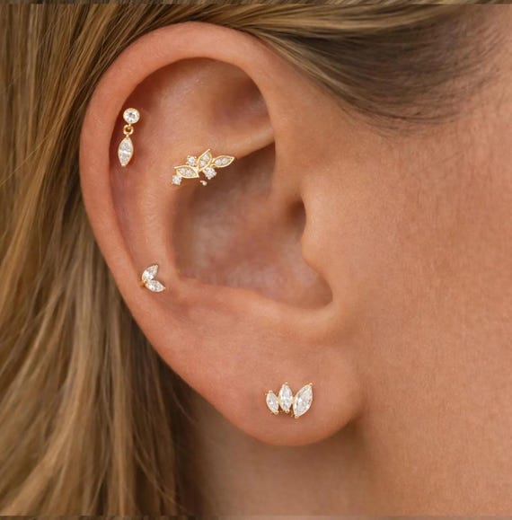 Marquise Cut Zirconia Labret Stud, 316L Surgical Steel Cartilage Earring, Tragus, Helix, Conch, Flat Back Flower Stud