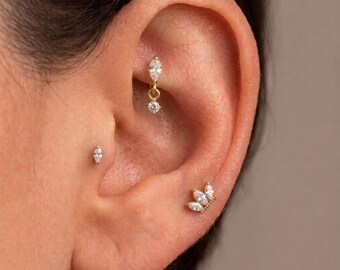 Marquise CZ platte oorbellen set • Hangende rook oorstekers • Kroon oorlel piercing • Kraakbeen helix conch tragus labret sieraden