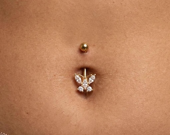 Navelpiercing met sprankelende vlinder • 14G navelpiercing van chirurgisch staal • Sierlijke marquise-navelpiercing