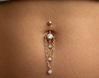 Navelring met bungelketting, navelpiercing van 316L chirurgisch staal, goud- en zilverkleurige navelpiercing, lichaamssieraden met zirkonia, VK