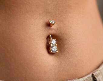 Navelring met dubbele edelsteen 316L chirurgisch staal, kristallen navelpiercing goudzilver paars, gebogen navelpiercing barbell